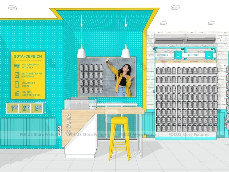 Teal White Mobile Accessories Store Interior