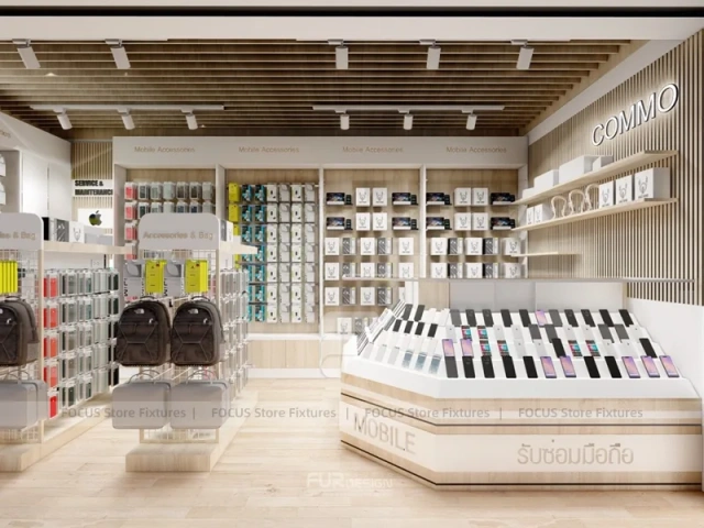 Warm Wood Commio Mobile Phone Store Interior Wide