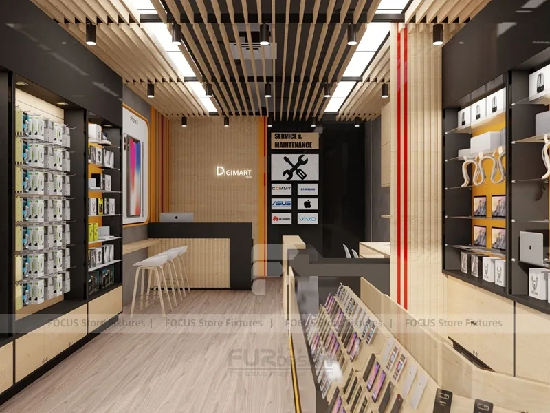 Warm Wood Commio Mobile Phone Store Interior Wide