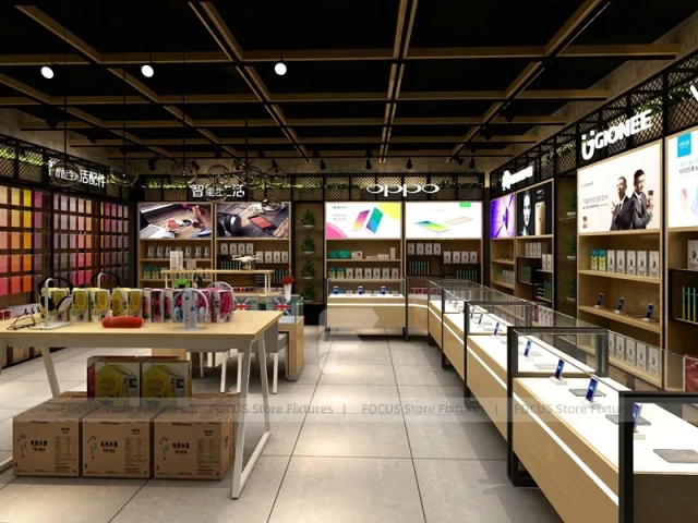 Warm Wood Mobile Accessories Store Interior