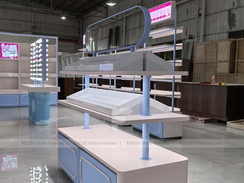 White Blue Beauty Wall Shelving Row