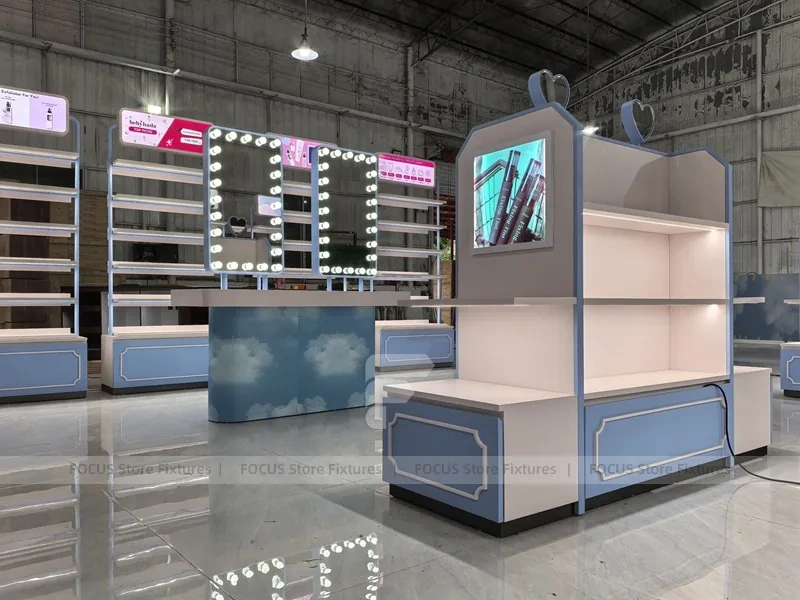 White Blue Cosmetics Gondola Counter with Screen