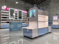 White Blue Cosmetics Gondola Counter with Screen