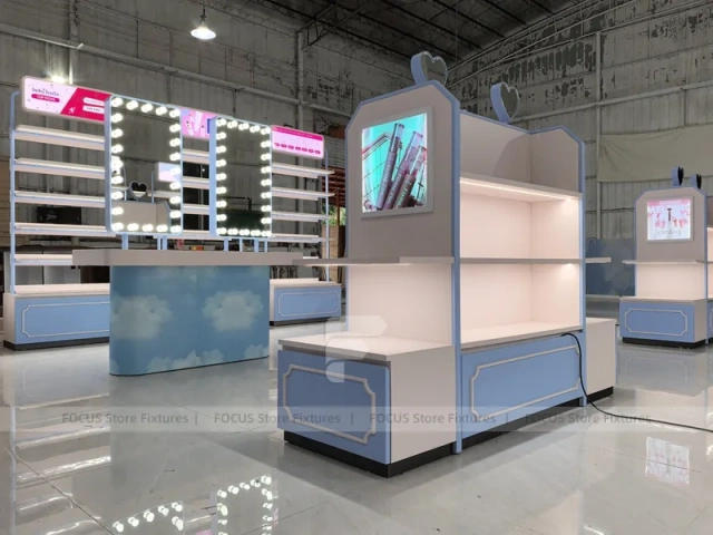 White Blue Cosmetics Gondola Counter with Screen