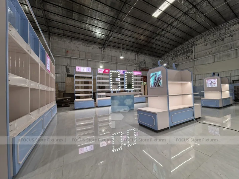 White Blue Cosmetics Gondola Counter with Screen