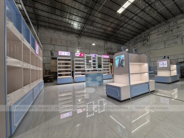 White Blue Cosmetics Gondola Counter with Screen