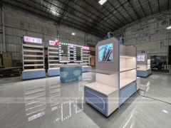 White Blue Cosmetics Gondola Counter with Screen