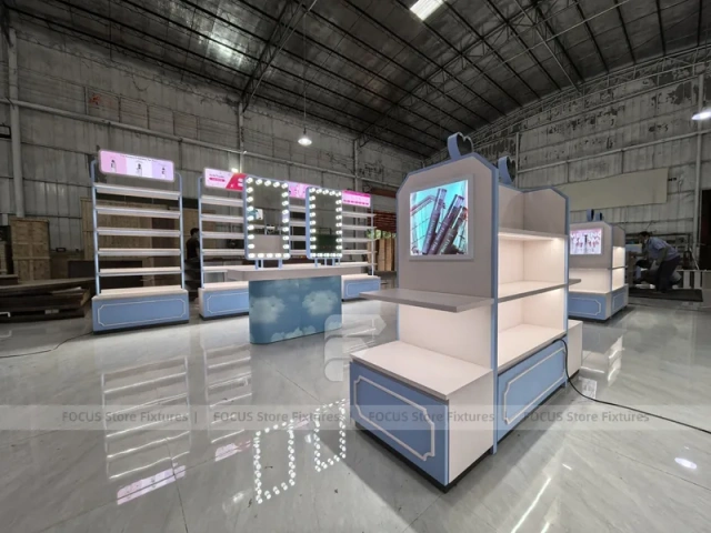 White Blue Cosmetics Gondola Counter with Screen