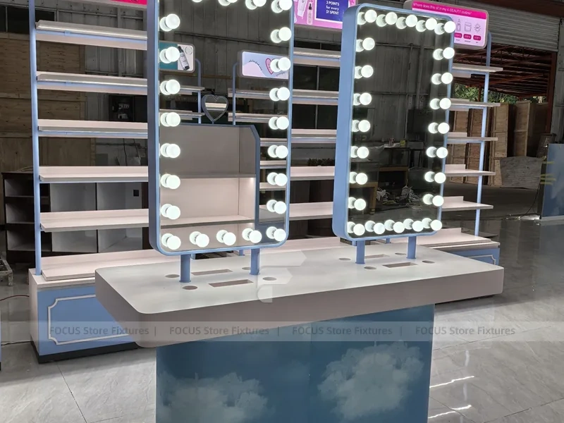 White Blue Cosmetics Gondola Counter with Screen