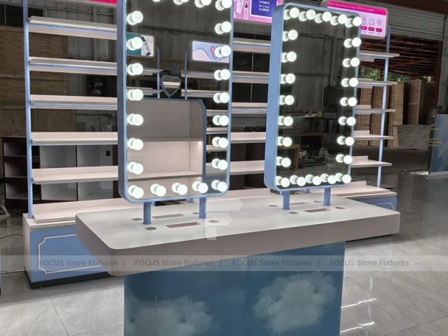 White Blue Cosmetics Gondola Counter with Screen
