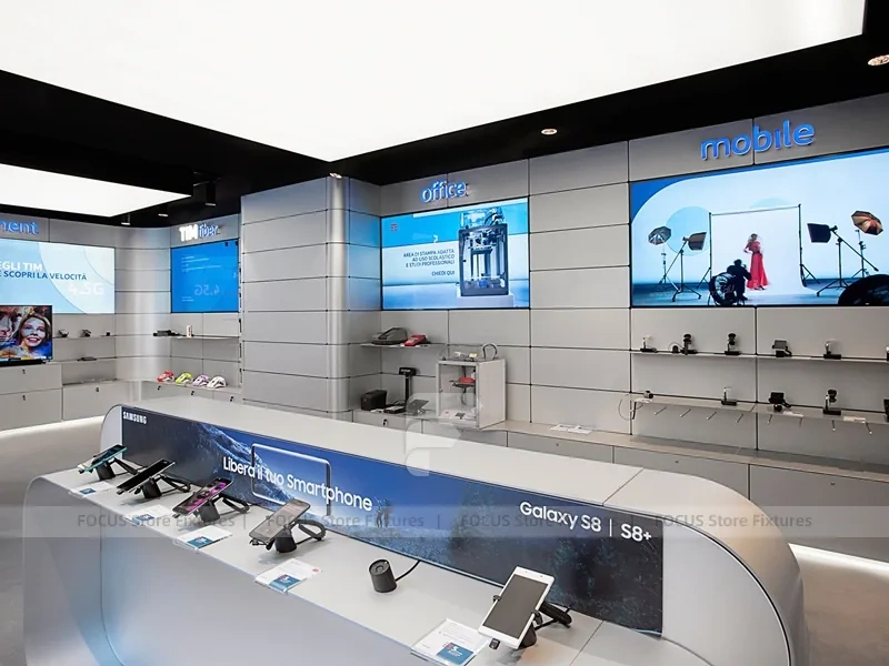 White Blue Electronics Wall Display Interior