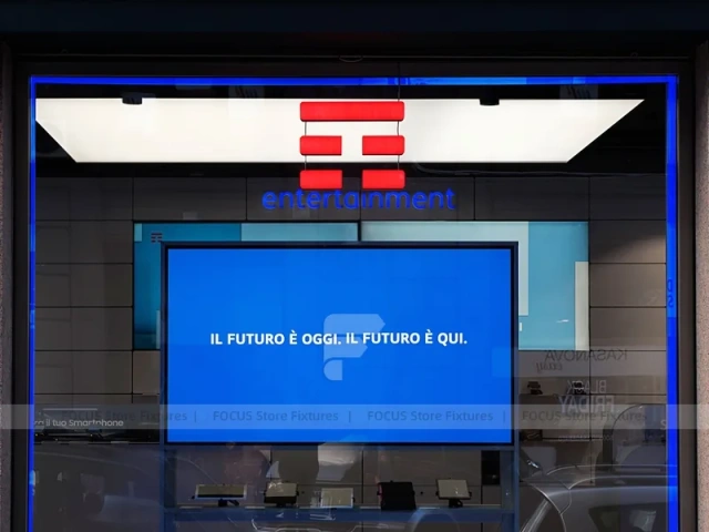 White Blue Electronics Wall Display Interior