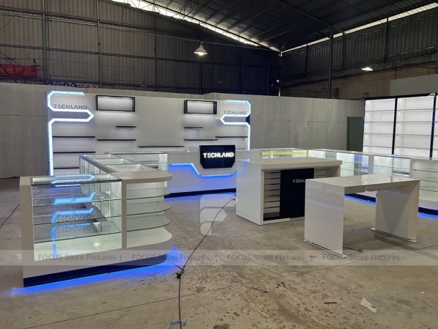 White Blue Futuristic Phone Store Fixture