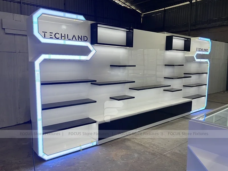 White Blue Futuristic Phone Store Fixture