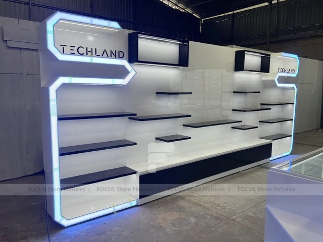 White Blue Futuristic Phone Store Fixture
