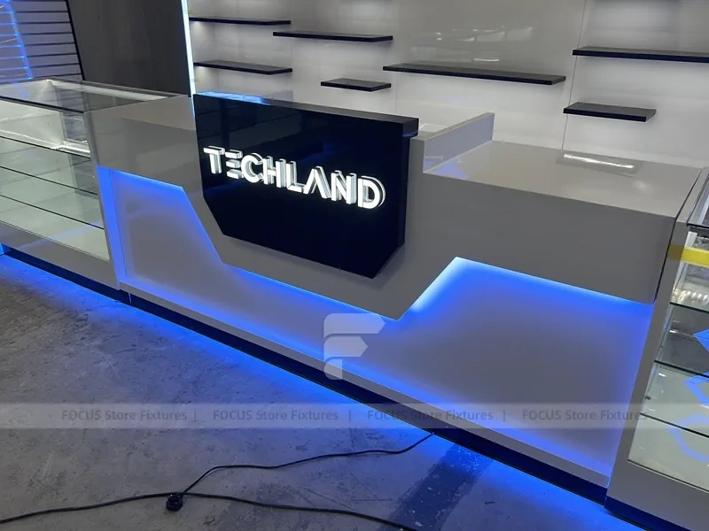 White Blue Futuristic Phone Store Fixture