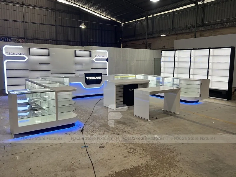 White Blue Futuristic Phone Store Fixture