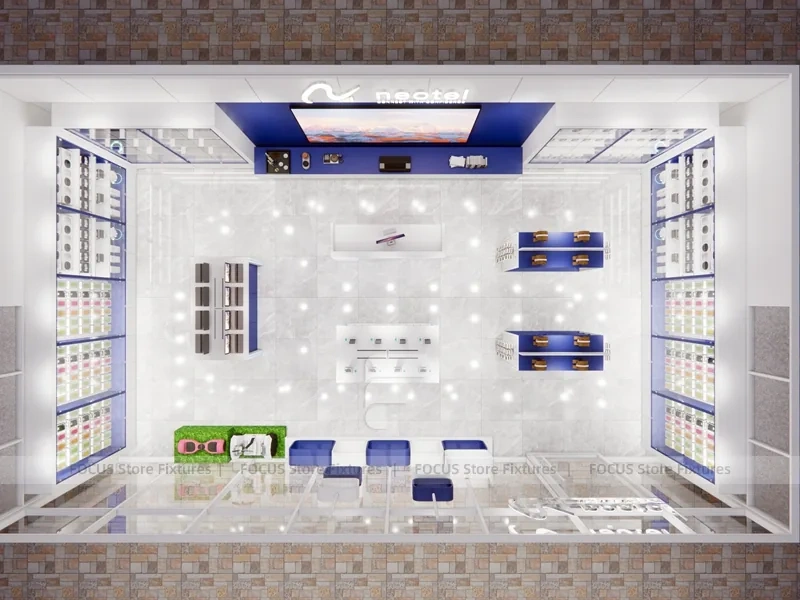 White Blue Mobile Phone Store Interior Counter
