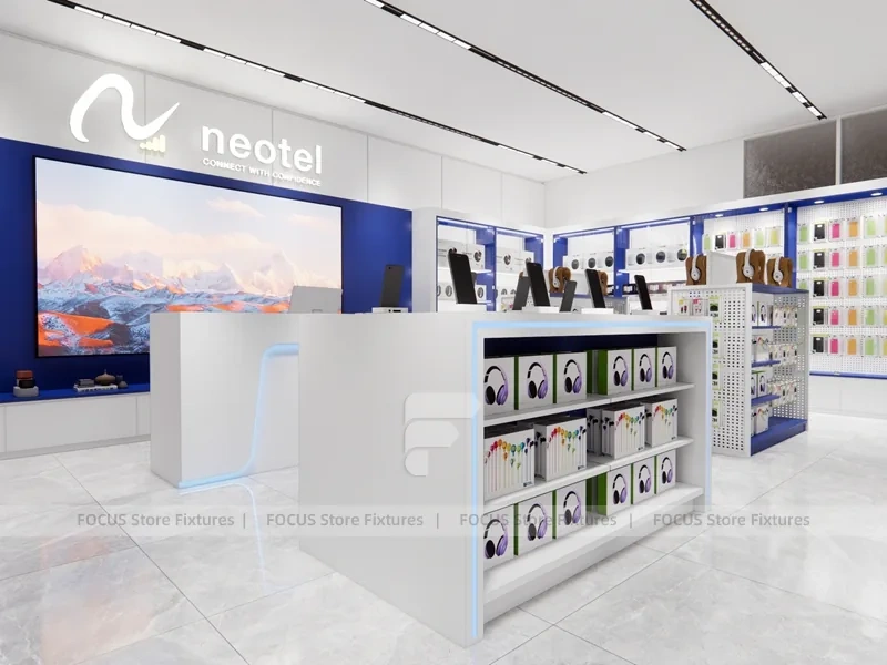 White Blue Mobile Phone Store Interior Counter