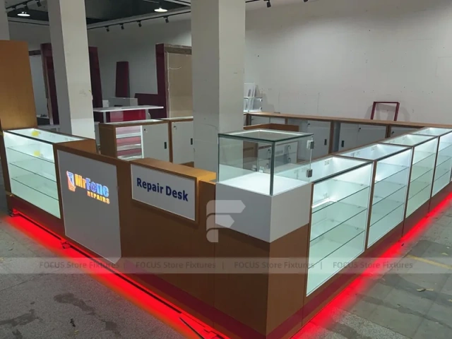 White Glass Kiosk Counter With Red LED Base