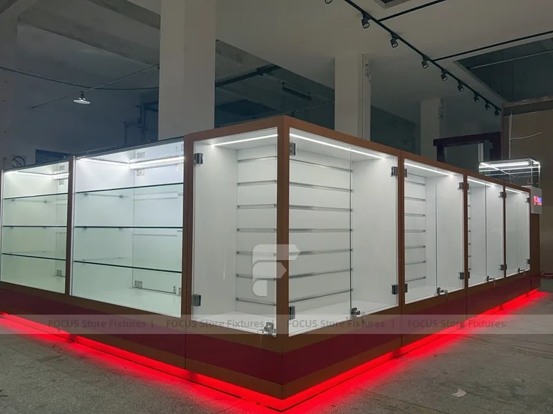White Glass Kiosk Counter With Red LED Base