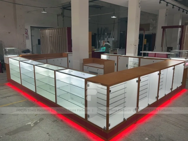 White Glass Kiosk Counter With Red LED Base
