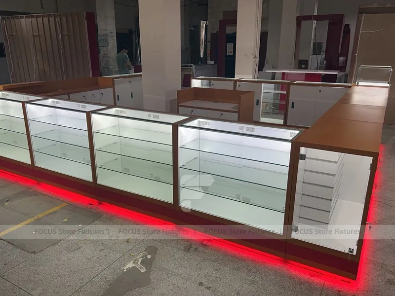 White Glass Kiosk Counter With Red LED Base