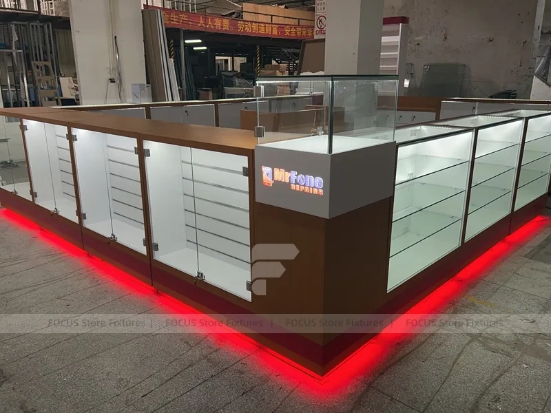 White Glass Kiosk Counter With Red LED Base