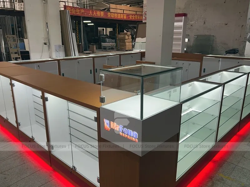 White Glass Kiosk Counter With Red LED Base