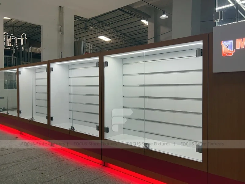 White Glass Kiosk Counter With Red LED Base