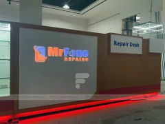 White Glass Kiosk Counter With Red LED Base