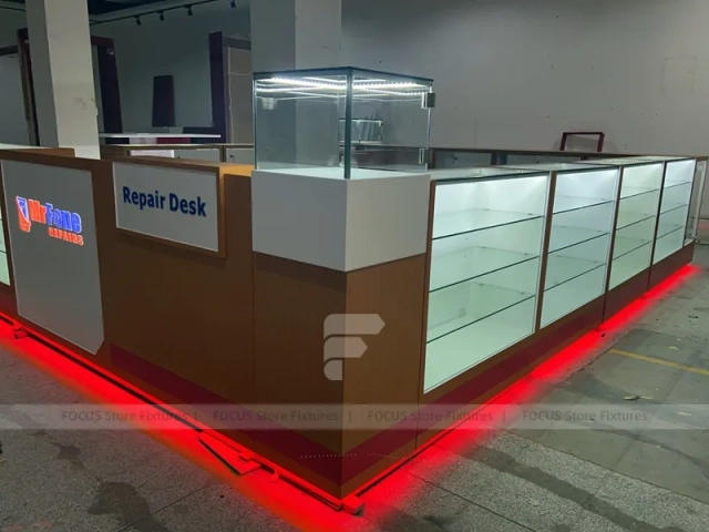 White Glass Kiosk Counter With Red LED Base