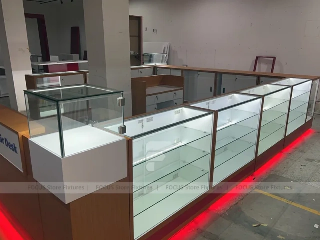 White Glass Kiosk Counter With Red LED Base