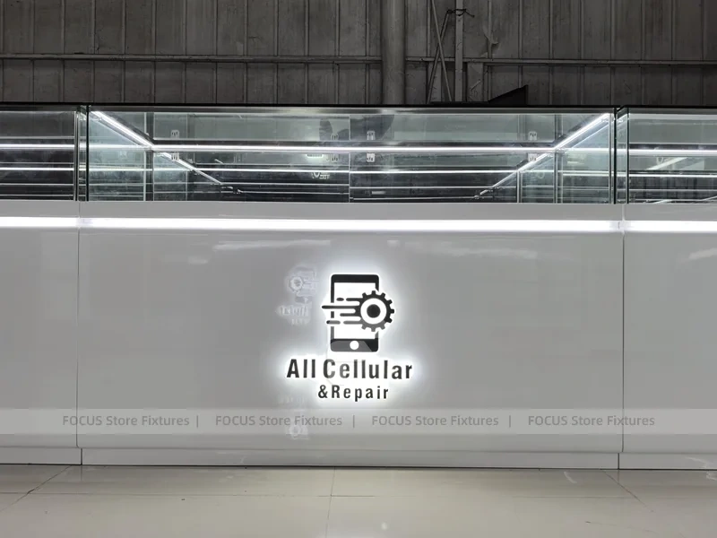 White Glass Mobile Phone Store Counter Layout