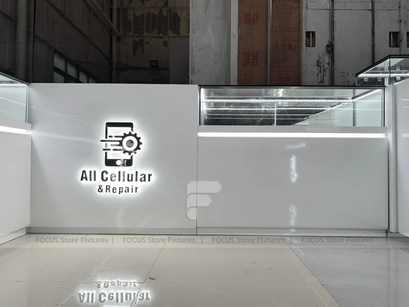 White Glass Mobile Phone Store Counter Layout