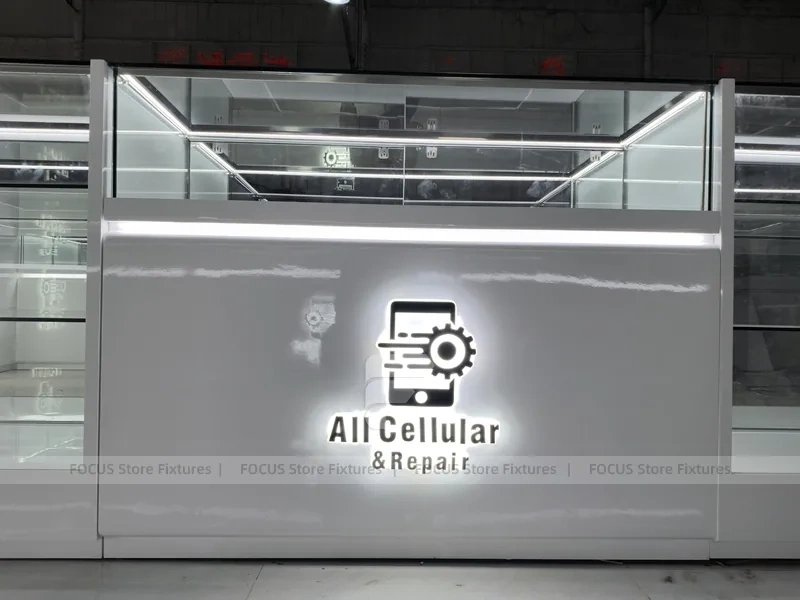 White Glass Mobile Phone Store Counter Layout