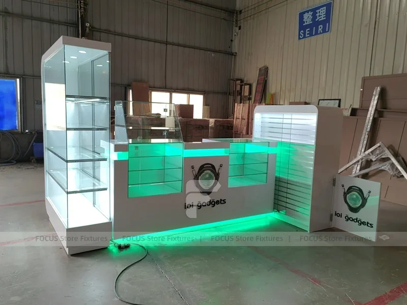 White Glass Phone Store Counter With Green LED