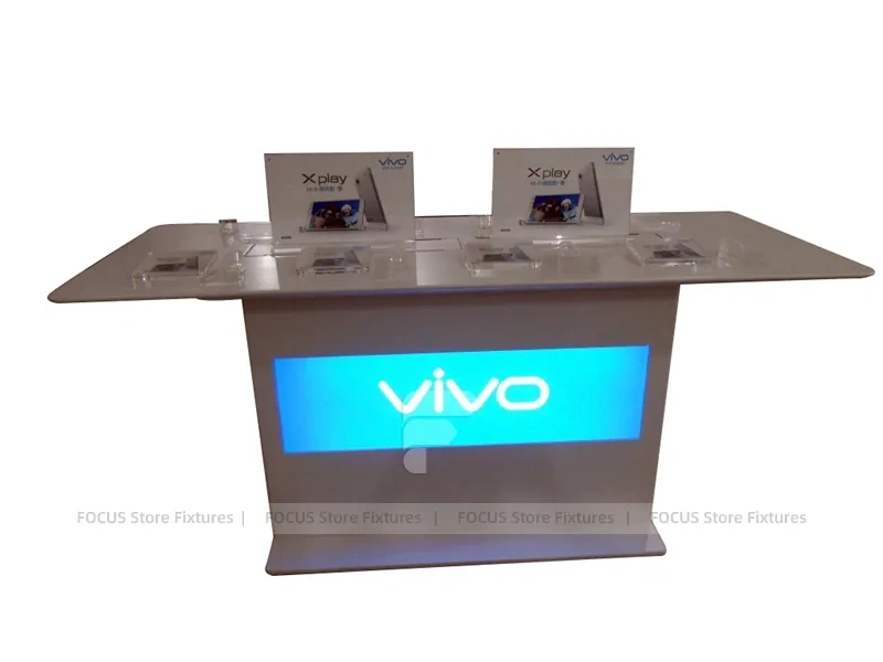White Phone Demo Table With Charging Slots