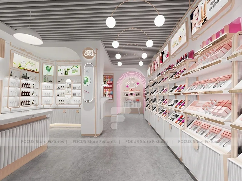 White Pink Cosmetics Wall Shelving Aisle