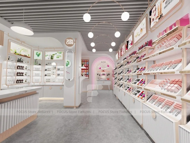 White Pink Cosmetics Wall Shelving Aisle