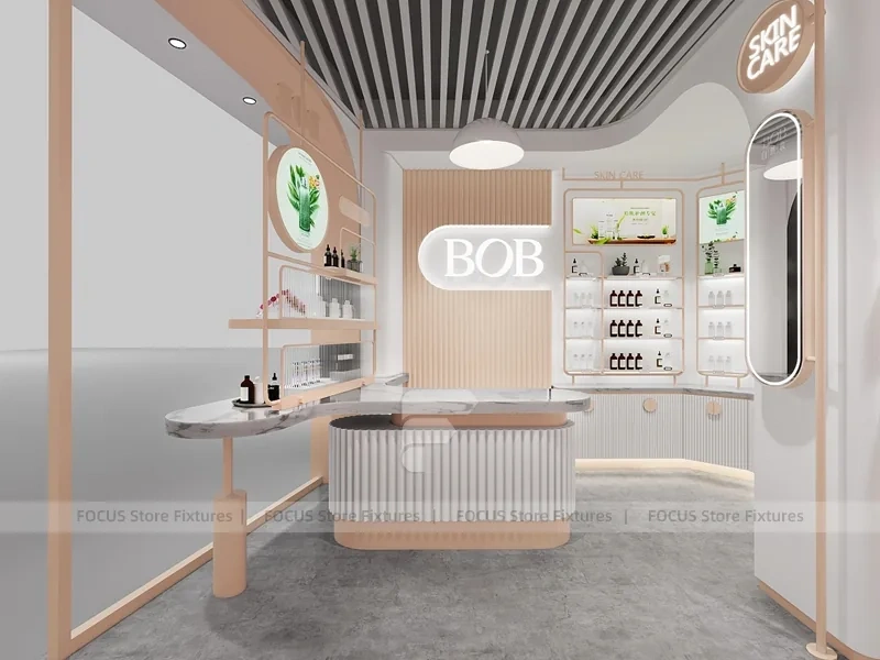 White Pink Cosmetics Wall Shelving Aisle