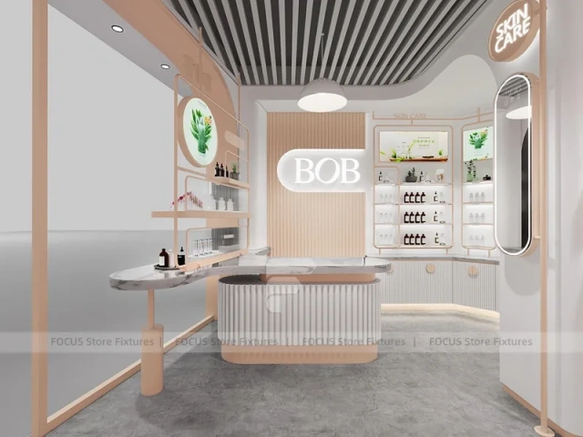 White Pink Cosmetics Wall Shelving Aisle