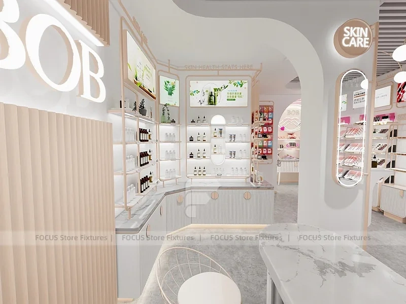 White Pink Cosmetics Wall Shelving Aisle