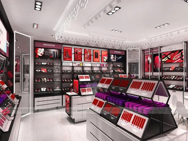 White Red Cosmetics Store with Angled Gondolas