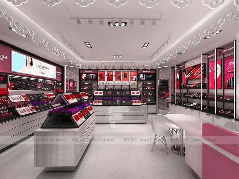 White Red Cosmetics Store with Angled Gondolas