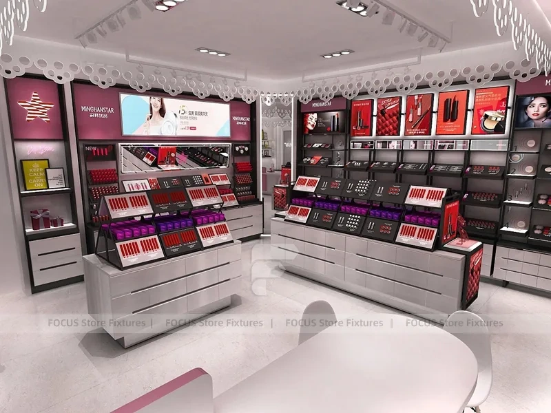 White Red Cosmetics Store with Angled Gondolas