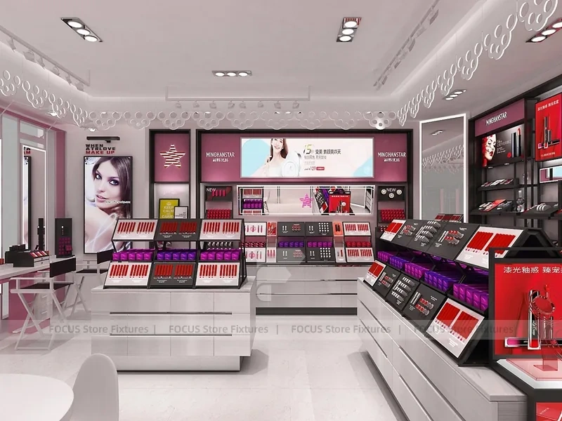 White Red Cosmetics Store with Angled Gondolas