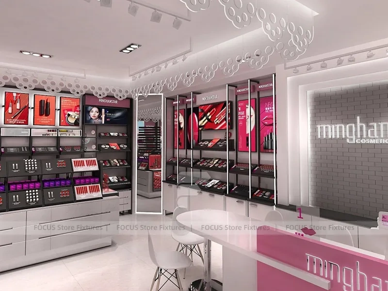 White Red Cosmetics Store with Angled Gondolas