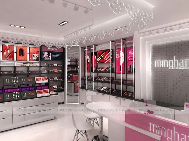 White Red Cosmetics Store with Angled Gondolas