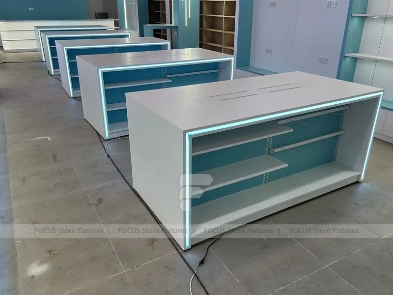 White Turquoise Phone Gondola Shelving Unit